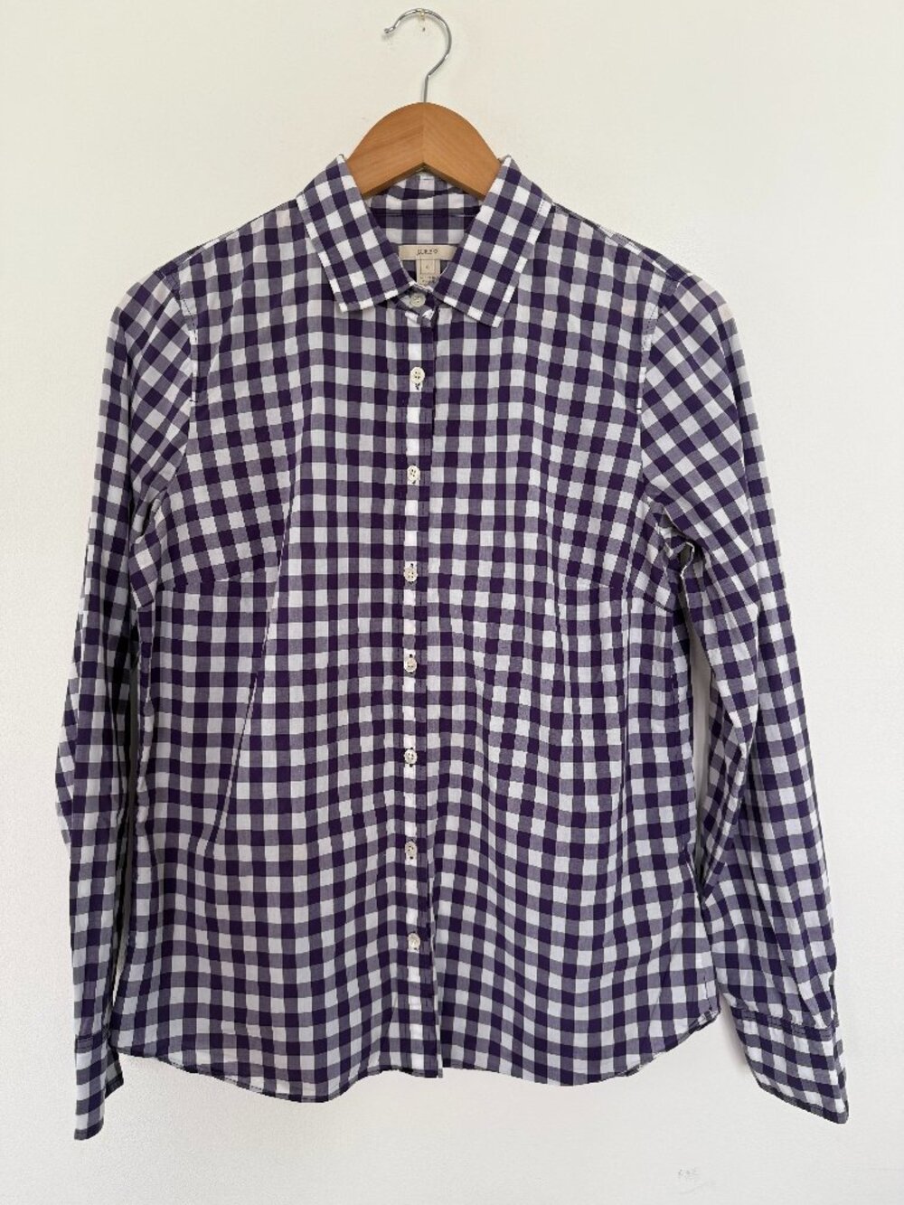J.Crew Women’s Gingham Button Down Shirt Purple White 100% Cotton Size 8 Preppy